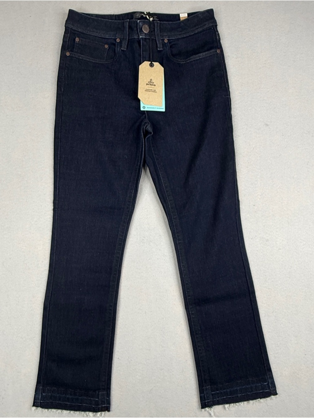 prAna Morrison Crop Jeans Womens 27/4 Dark Wash Raw Hem Organic Cotton NWT